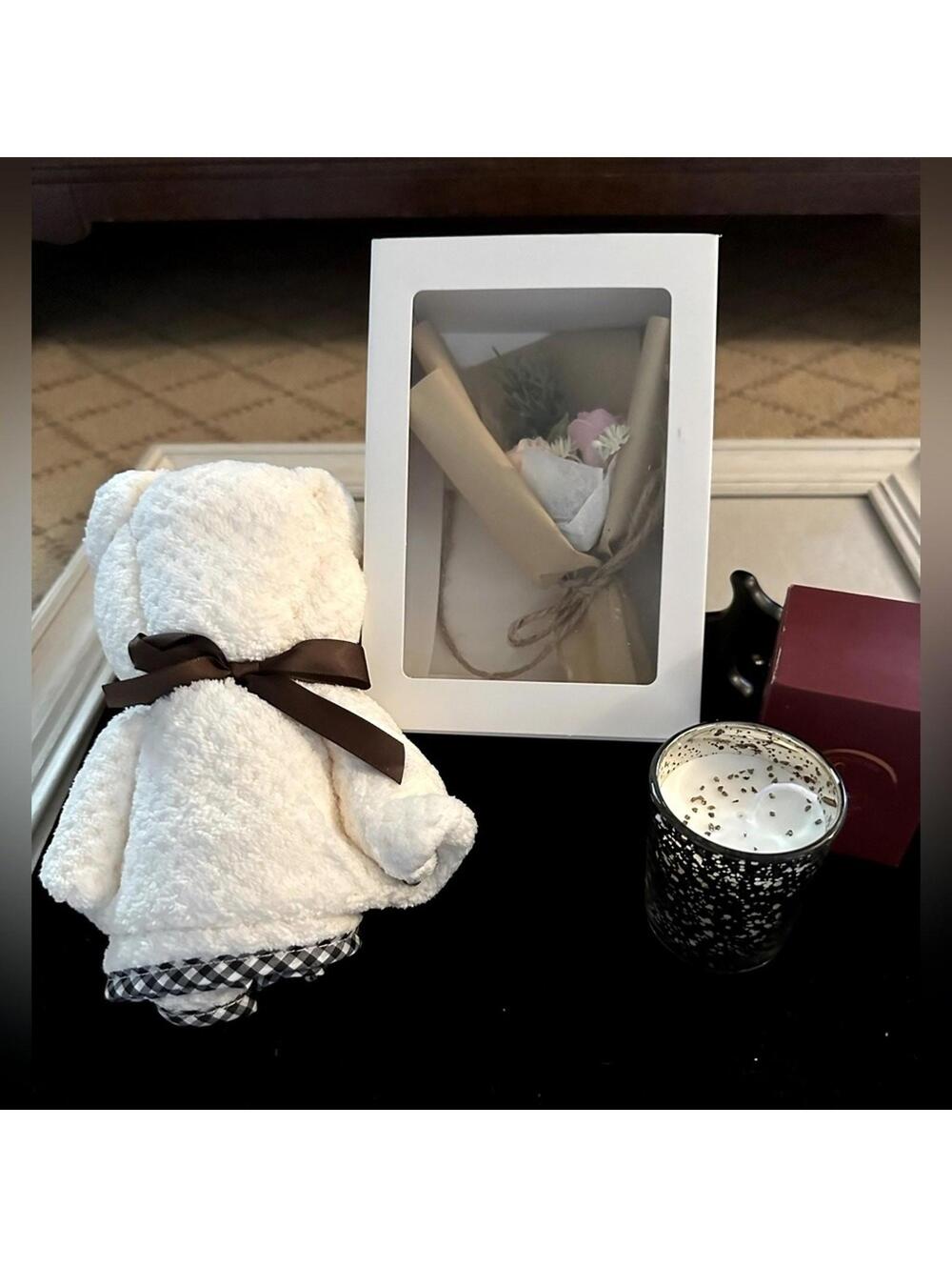 Vanity Bath set with teddy bear towel, sparkle candle, and dried flowers NIB